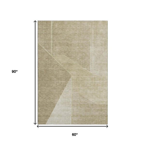 HomeRoots 5' X 8' Beige and Ivory Geometric Area Rug - Washable, Stain Resistant, UV Protected for Homes 653727