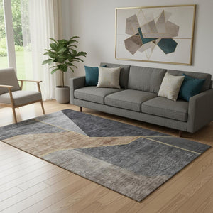 HomeRoots 5' X 8' Geometric Charcoal Area Rug with Gold & Brown Accents – Washable, UV-Protected & Durable! 653733