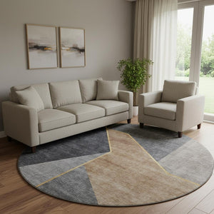 HomeRoots 8' Charcoal Gold Brown Geometric Washable Round Rug with UV Protection for Stylish Spaces 653734