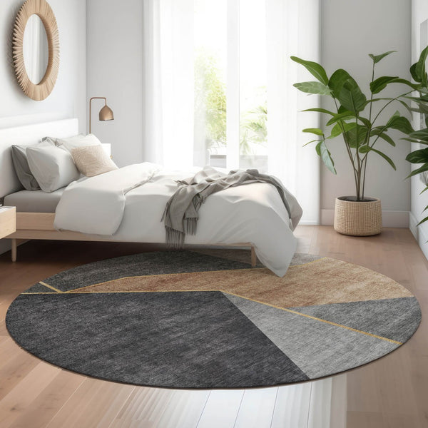 HomeRoots 8' Charcoal Gold Brown Geometric Washable Round Rug with UV Protection for Stylish Spaces 653734