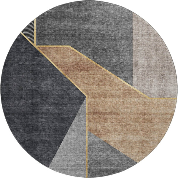 HomeRoots 8' Charcoal Gold Brown Geometric Washable Round Rug with UV Protection for Stylish Spaces 653734