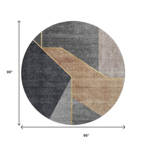 HomeRoots 8' Charcoal Gold Brown Geometric Washable Round Rug with UV Protection for Stylish Spaces 653734