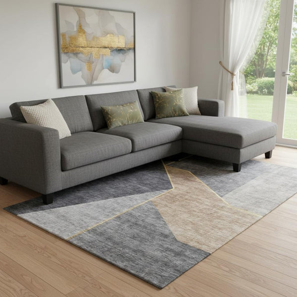 HomeRoots 8' X 10' Charcoal Gold & Brown Geometric Area Rug - UV Protected, Washable, Easy-Care, Stylish Design 653735