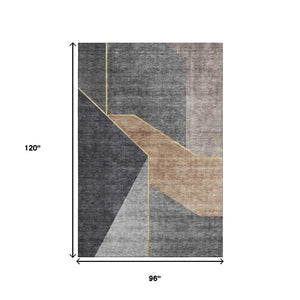 HomeRoots 8' X 10' Charcoal Gold & Brown Geometric Area Rug - UV Protected, Washable, Easy-Care, Stylish Design 653735