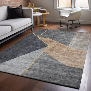 HomeRoots 9' X 12' Charcoal Gold Brown Geometric Washable Area Rug – Stylish, Durable, UV Protected & Easy Care! 653736