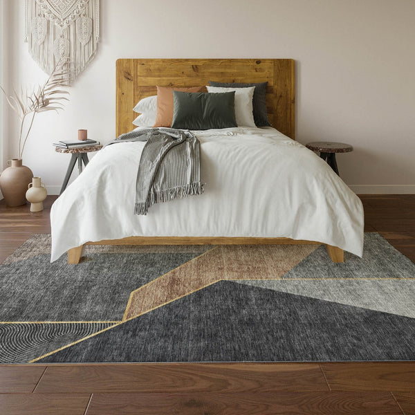 HomeRoots 9' X 12' Charcoal Gold Brown Geometric Washable Area Rug – Stylish, Durable, UV Protected & Easy Care! 653736