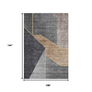HomeRoots 9' X 12' Charcoal Gold Brown Geometric Washable Area Rug – Stylish, Durable, UV Protected & Easy Care! 653736