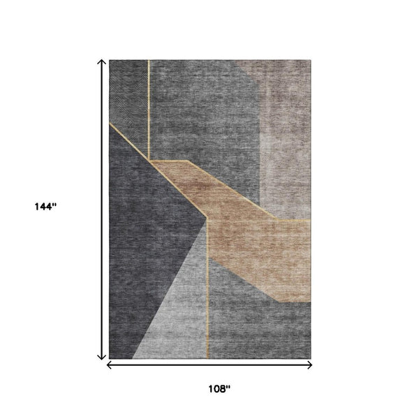 HomeRoots 9' X 12' Charcoal Gold Brown Geometric Washable Area Rug – Stylish, Durable, UV Protected & Easy Care! 653736
