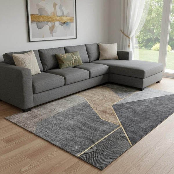HomeRoots 9' X 12' Charcoal Gold Brown Geometric Washable Area Rug – Stylish, Durable, UV Protected & Easy Care! 653736