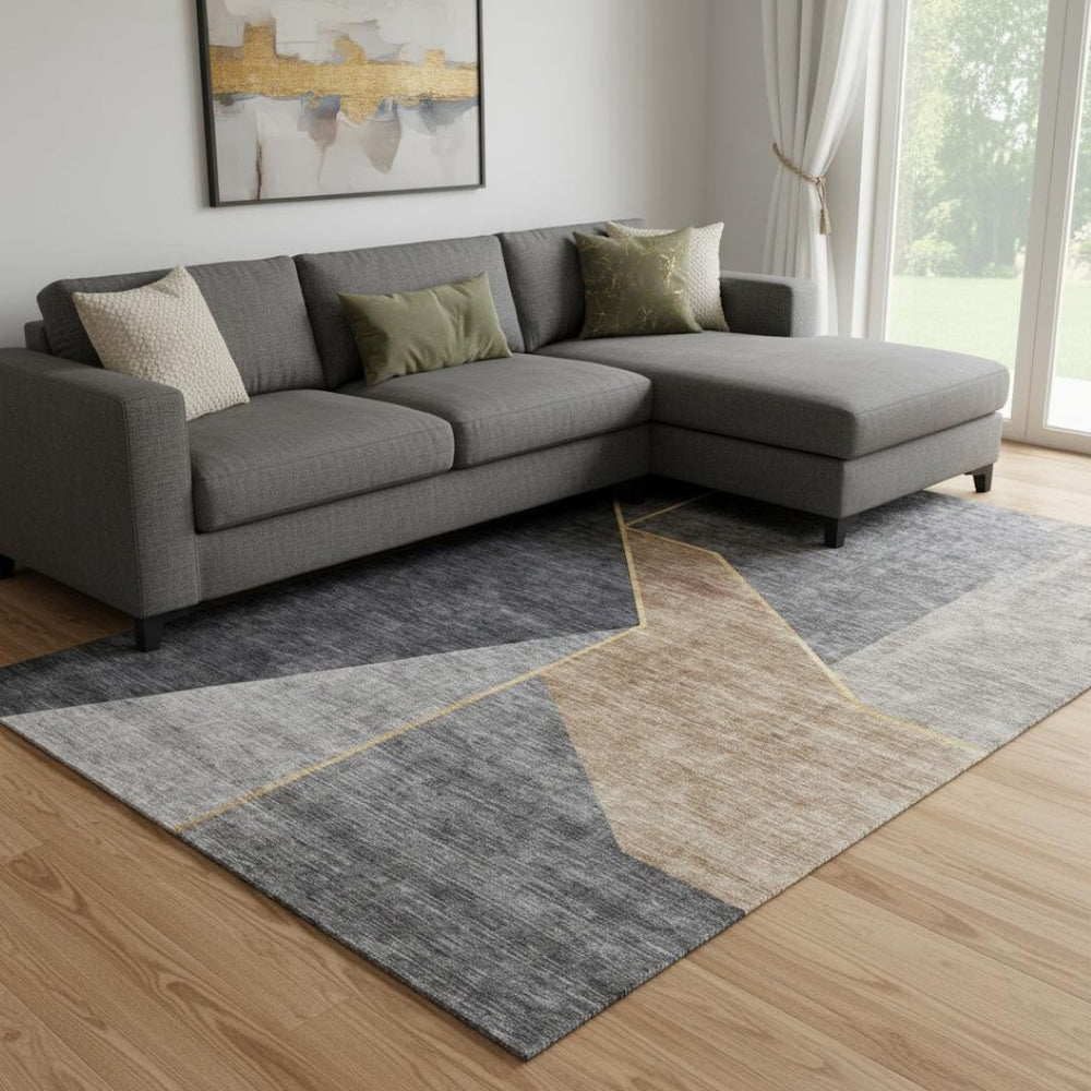 HomeRoots 10' Charcoal, Gold & Brown Geometric Washable Area Rug – UV Protected, Perfect for High-Traffic Spaces! 653737