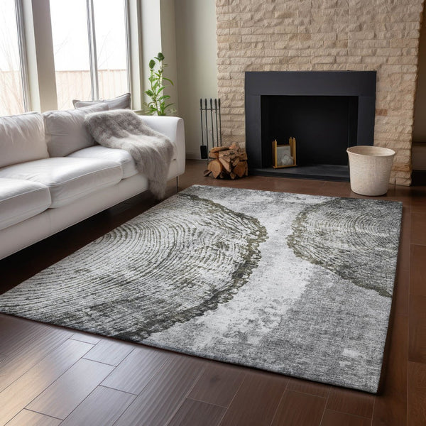 HomeRoots 5' X 8' Gray And Ivory Woodland Lodge Area Rug - Washable, UV-Protected, Durable for Family Homes 653739