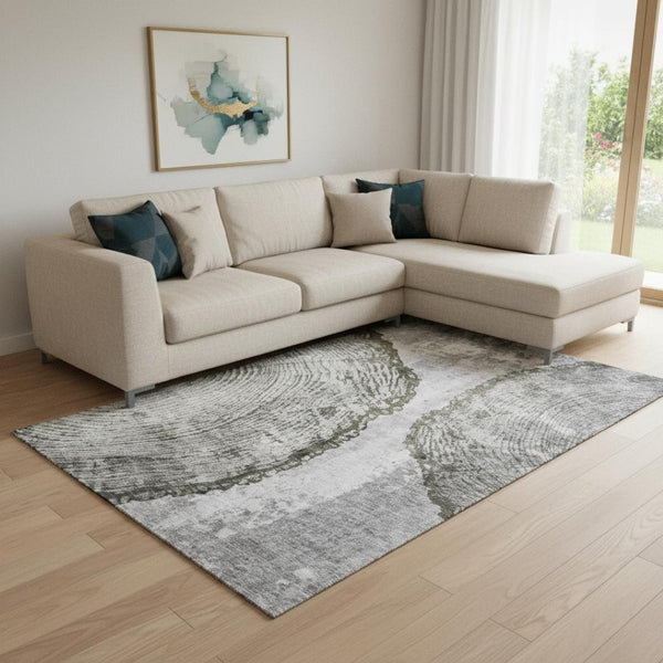 HomeRoots 9' X 12' Gray and Ivory Woodland Lodge Area Rug - Washable, UV Protected, Kid & Pet Friendly Design 653742