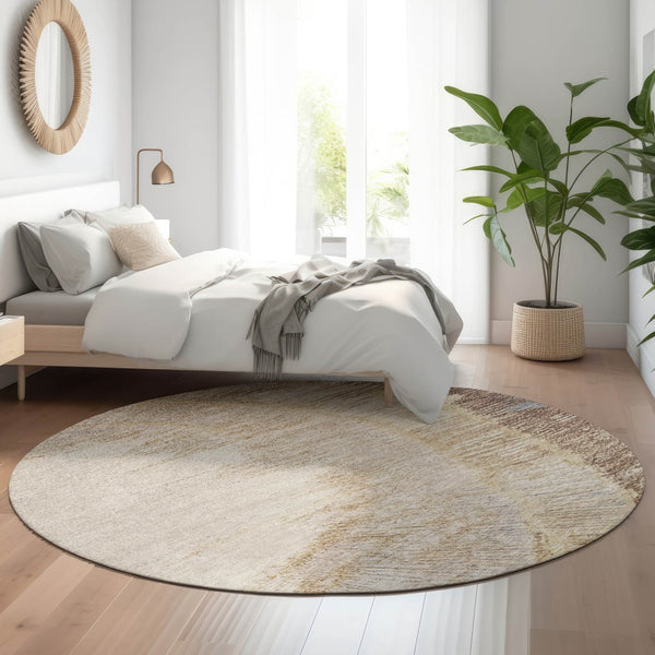 HomeRoots 8' Round Brown, Ivory & Gray Rustic Lodge Washable Rug with UV Protection for High-Traffic Areas 653746