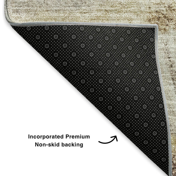 HomeRoots 8' Round Brown, Ivory & Gray Rustic Lodge Washable Rug with UV Protection for High-Traffic Areas 653746