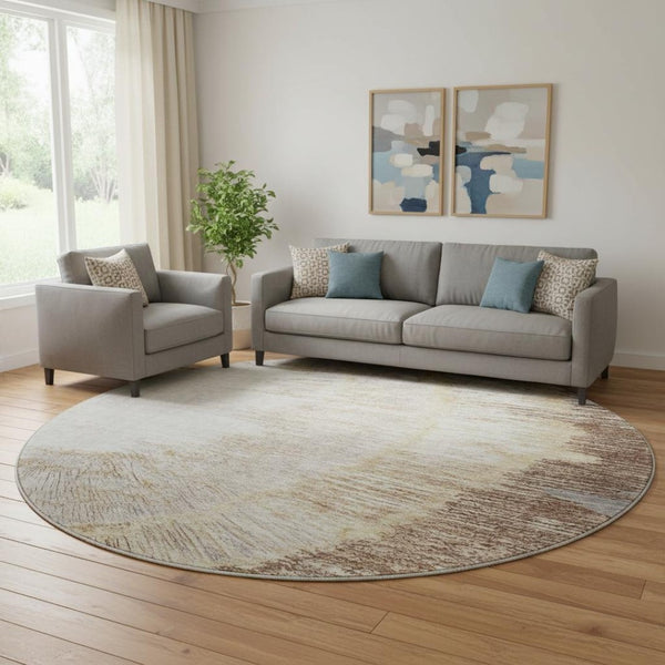 HomeRoots 8' Round Brown, Ivory & Gray Rustic Lodge Washable Rug with UV Protection for High-Traffic Areas 653746