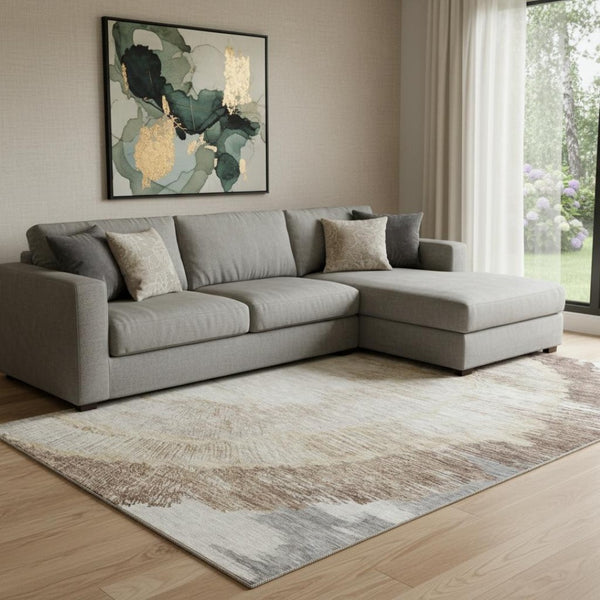HomeRoots 8' X 10' Woodland Lodge Area Rug: Brown, Ivory & Gray, Washable, UV-Protected, Pet-Friendly Design 653747