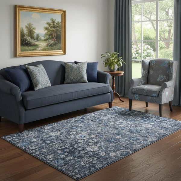 HomeRoots 5' Blue and Ivory Oriental Area Rug - Washable, UV Protected, Stain Resistant, Perfect for Any Room! 653757