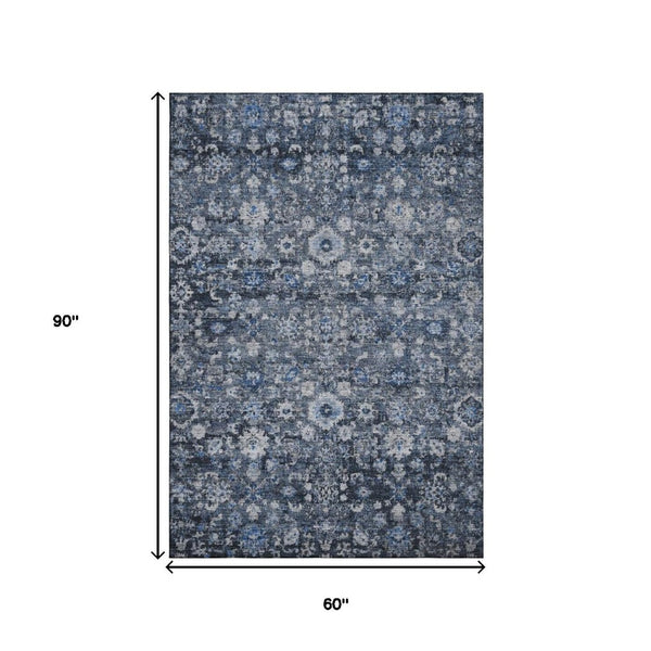 HomeRoots 5' Blue and Ivory Oriental Area Rug - Washable, UV Protected, Stain Resistant, Perfect for Any Room! 653757