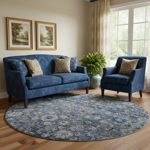 HomeRoots 8' Blue and Ivory Oriental Round Rug – Washable, UV Protected, Stain Resistant, Durable Design 653758