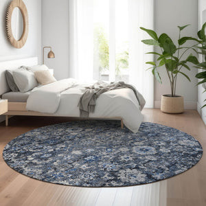 HomeRoots 8' Blue and Ivory Oriental Round Rug – Washable, UV Protected, Stain Resistant, Durable Design 653758