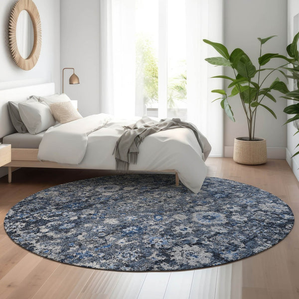 HomeRoots 8' Blue and Ivory Oriental Round Rug – Washable, UV Protected, Stain Resistant, Durable Design 653758