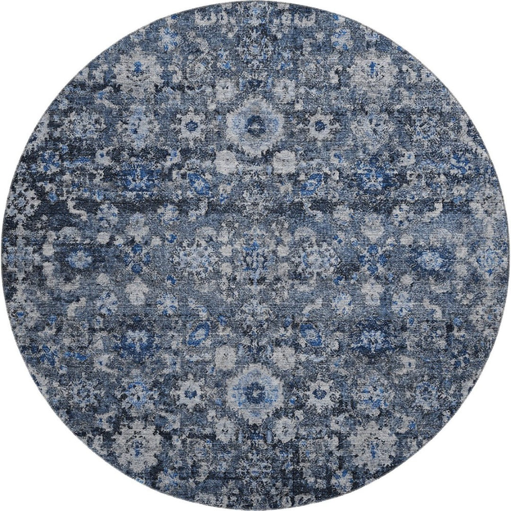 HomeRoots 8' Blue and Ivory Oriental Round Rug – Washable, UV Protected, Stain Resistant, Durable Design 653758