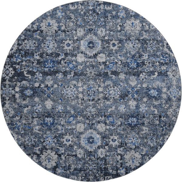 HomeRoots 8' Blue and Ivory Oriental Round Rug – Washable, UV Protected, Stain Resistant, Durable Design 653758