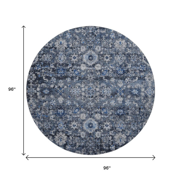 HomeRoots 8' Blue and Ivory Oriental Round Rug – Washable, UV Protected, Stain Resistant, Durable Design 653758