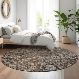 HomeRoots 8' Chocolate and Ivory Oriental Round Rug - Stylish, Washable, UV-Protected for Busy Homes! 653764