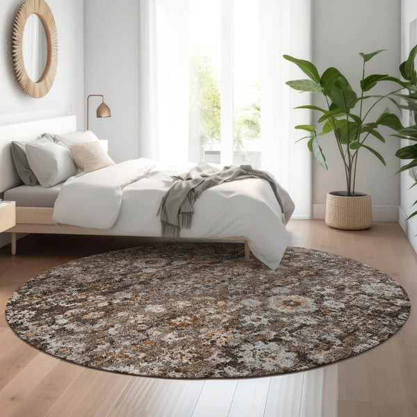 HomeRoots 8' Chocolate and Ivory Oriental Round Rug - Stylish, Washable, UV-Protected for Busy Homes! 653764
