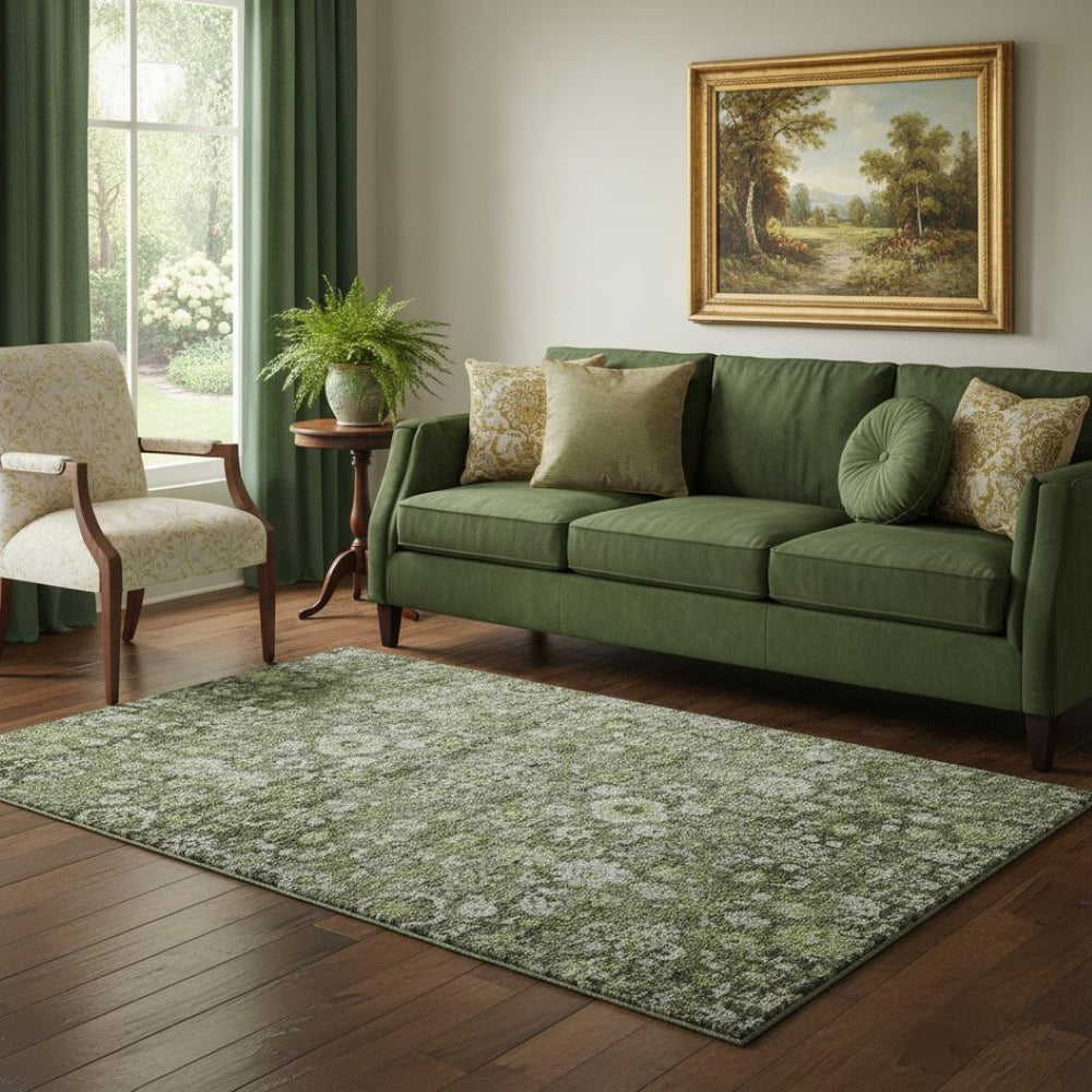 HomeRoots 5' X 8' Elegant Green Ivory Gray Oriental Area Rug - Washable, UV Protected, Durable, and Stylish 653769