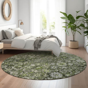 HomeRoots 8' Washable Green, Ivory & Gray Oriental Round Rug with UV Protection - Stylish, Durable, and Easy Care! 653770