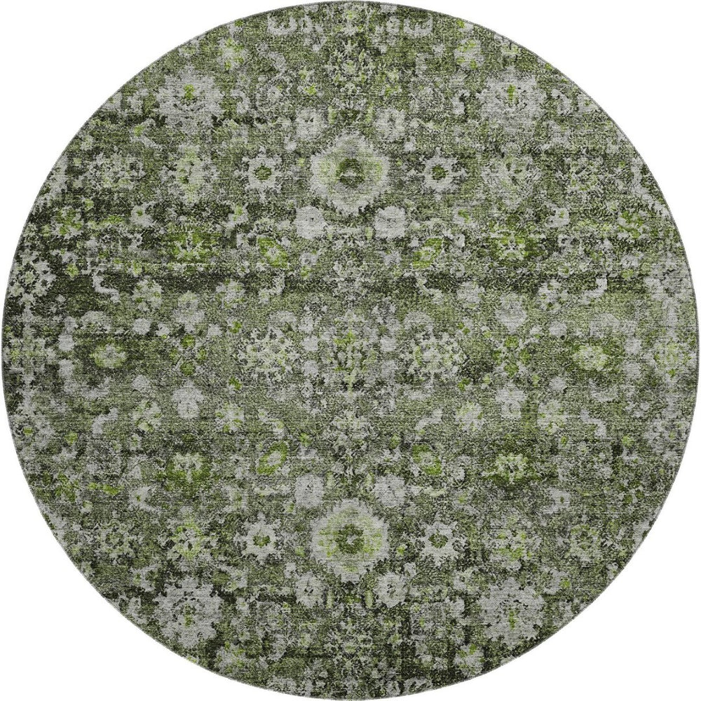 HomeRoots 8' Washable Green, Ivory & Gray Oriental Round Rug with UV Protection - Stylish, Durable, and Easy Care! 653770