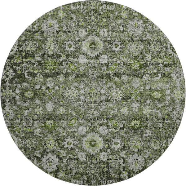 HomeRoots 8' Washable Green, Ivory & Gray Oriental Round Rug with UV Protection - Stylish, Durable, and Easy Care! 653770