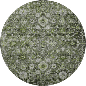 HomeRoots 8' Washable Green, Ivory & Gray Oriental Round Rug with UV Protection - Stylish, Durable, and Easy Care! 653770