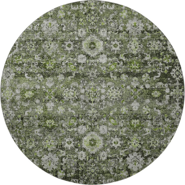 HomeRoots 8' Washable Green, Ivory & Gray Oriental Round Rug with UV Protection - Stylish, Durable, and Easy Care! 653770
