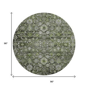 HomeRoots 8' Washable Green, Ivory & Gray Oriental Round Rug with UV Protection - Stylish, Durable, and Easy Care! 653770