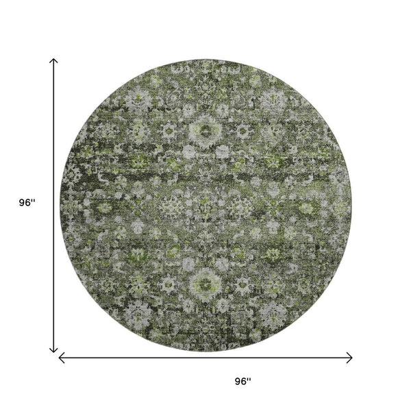 HomeRoots 8' Washable Green, Ivory & Gray Oriental Round Rug with UV Protection - Stylish, Durable, and Easy Care! 653770