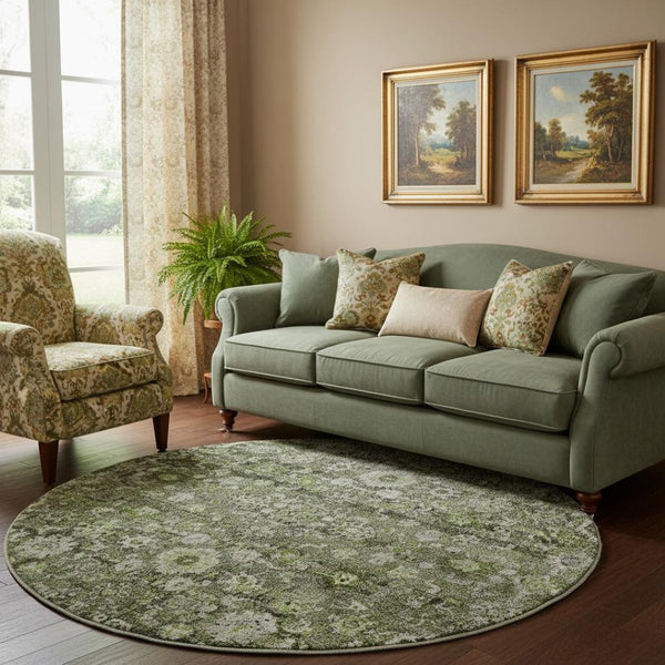 HomeRoots 8' Washable Green, Ivory & Gray Oriental Round Rug with UV Protection - Stylish, Durable, and Easy Care! 653770