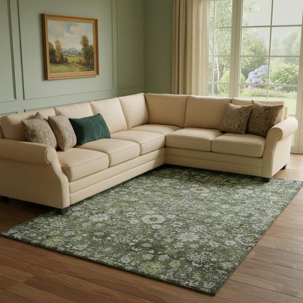 HomeRoots 8' X 10' Washable Green Ivory Gray Oriental Area Rug with UV Protection for Elegant Living Spaces 653771