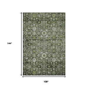 HomeRoots 9' X 12' Washable Green Ivory Gray Oriental Area Rug with UV Protection for Stylish Durability 653772