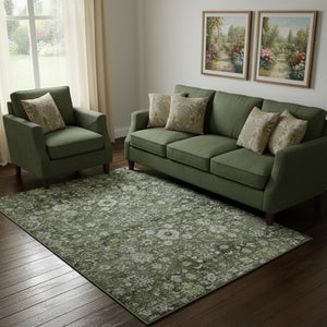 HomeRoots 10' X 14' Elegant Green Ivory Gray Oriental Washable Area Rug with UV Protection for Active Homes 653773