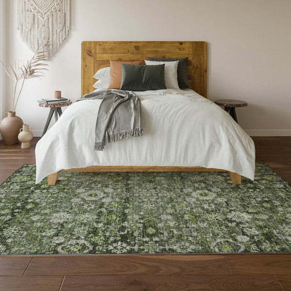HomeRoots 10' X 14' Elegant Green Ivory Gray Oriental Washable Area Rug with UV Protection for Active Homes 653773
