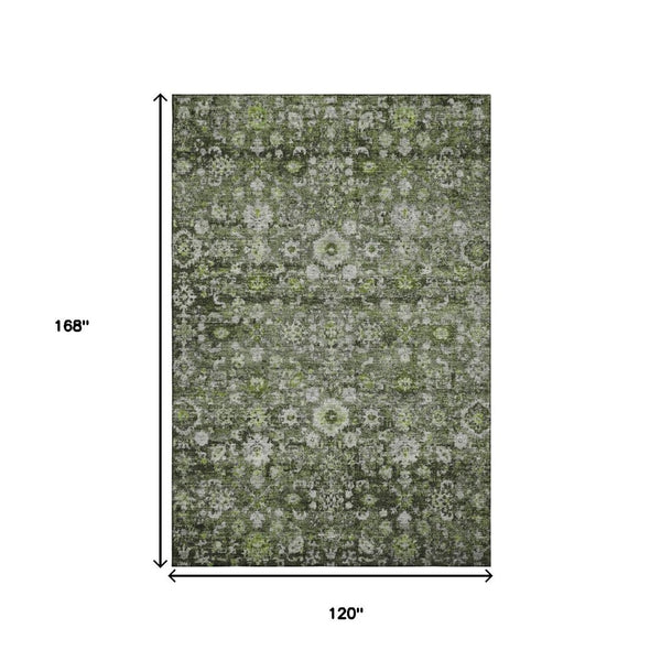 HomeRoots 10' X 14' Elegant Green Ivory Gray Oriental Washable Area Rug with UV Protection for Active Homes 653773