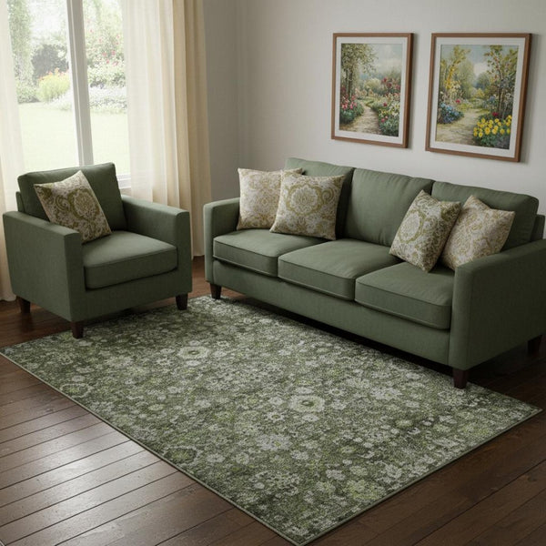 HomeRoots 10' X 14' Elegant Green Ivory Gray Oriental Washable Area Rug with UV Protection for Active Homes 653773