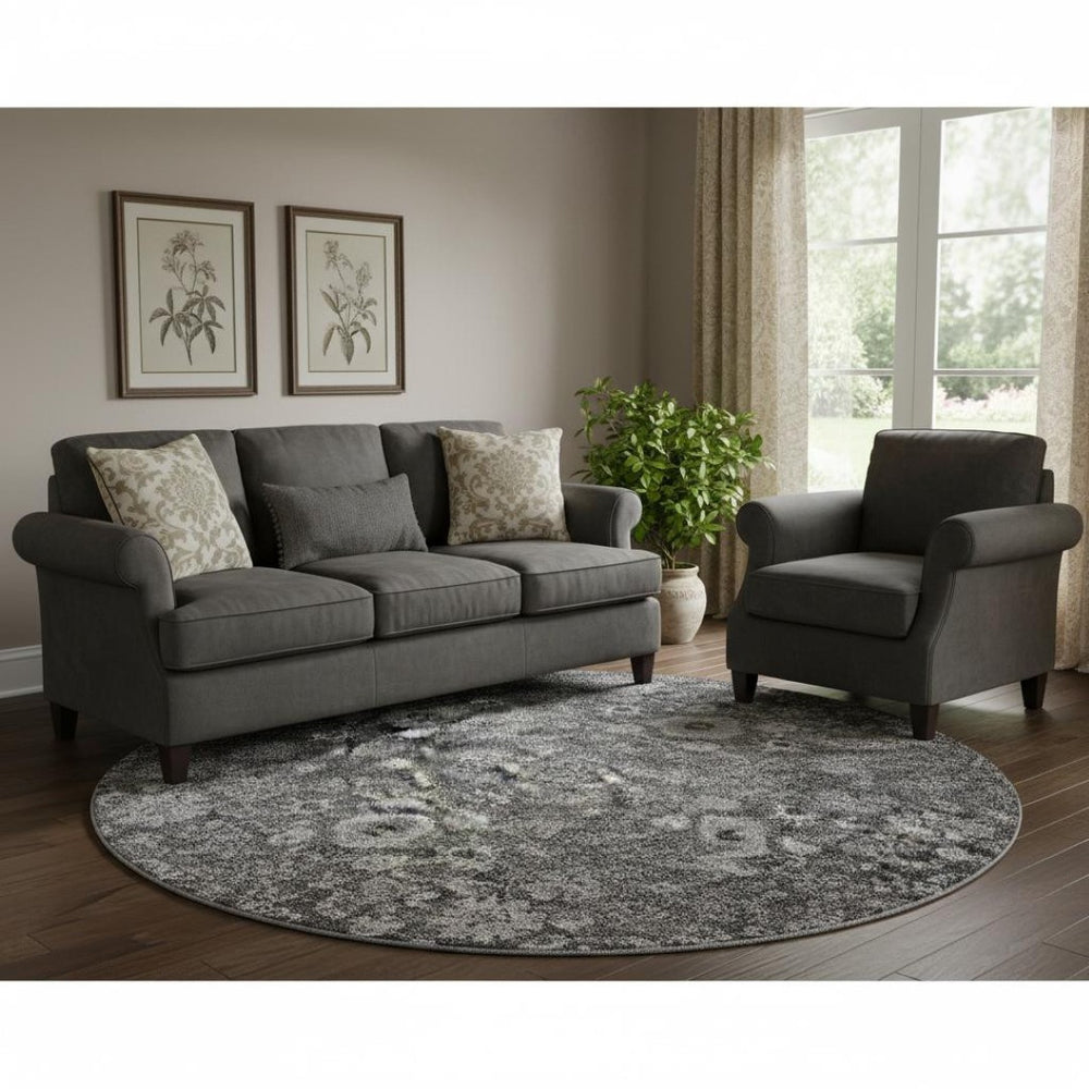 HomeRoots 8' Gray and Ivory Oriental Round Rug - Washable, Stain-Resistant with UV Protection for Homes 653776