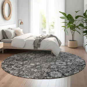 HomeRoots 8' Gray and Ivory Oriental Round Rug - Washable, Stain-Resistant with UV Protection for Homes 653776