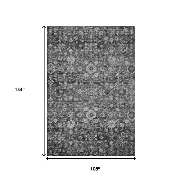 HomeRoots 9' X 12' Gray and Ivory Oriental Washable Area Rug with UV Protection for Homes with Kids & Pets 653778