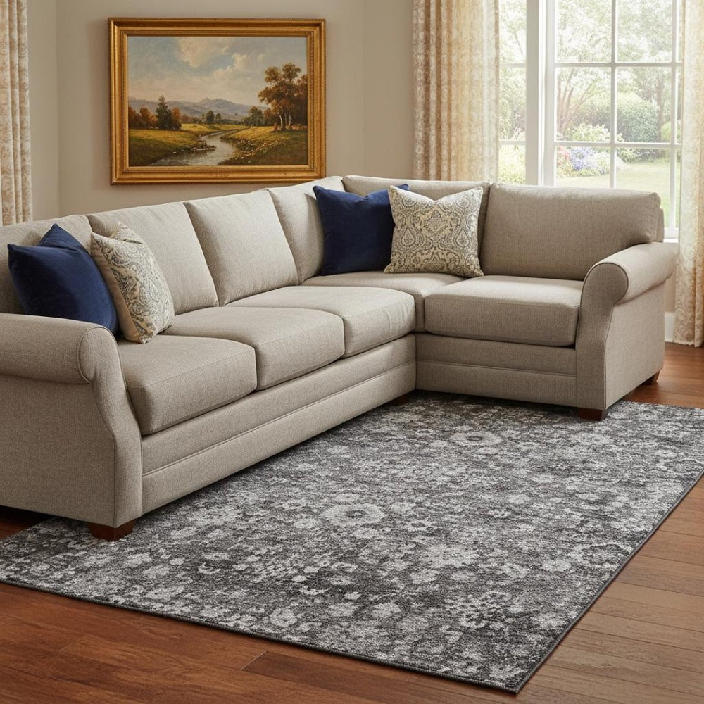 HomeRoots 9' X 12' Gray and Ivory Oriental Washable Area Rug with UV Protection for Homes with Kids & Pets 653778
