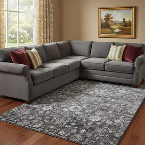 HomeRoots 10' Washable Gray and Ivory Oriental Area Rug - UV Protected, Durable, Stain Resistant for Homes 653779